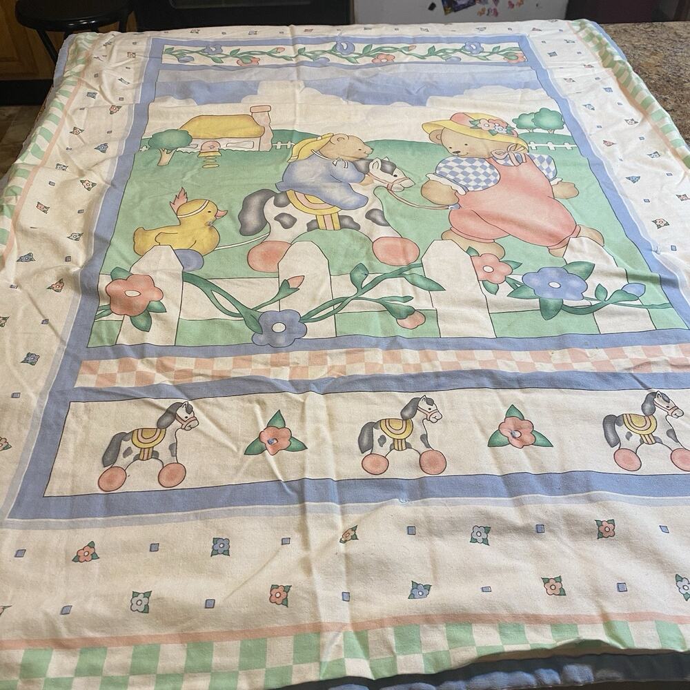Vintage Crib Baby Coverlet Quilt Blanket Novelty Print Lightweight Cotton 42x30”